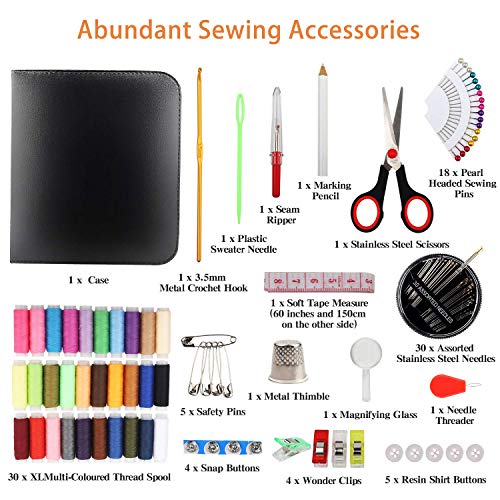 KZGRIT Kit de Costura, Costurero con 100 Piezas Accesorios Premium y Funda de Transporte para Inicio/Viaje/Adultos/Niños/Principiantes/Uso de Emergencia(Negro)
