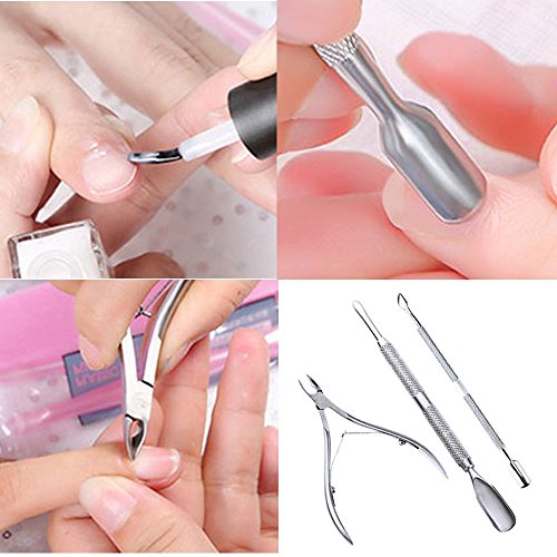 La cutícula del clavo empujador de la cuchara removedor de uñas Cortar la herramienta de pedicura manicura, uñas de bolsillo cutículas paquete contiene corta uñas, paquete de 3