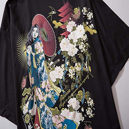 La Primavera Y El Verano Nuevo Kimono Japonés Traje De Tres Cuartos De Las Mangas De La Belleza De La Personalidad Guarnición Abierta Impresa Camisa Desabrochada-Negro Hyococ
