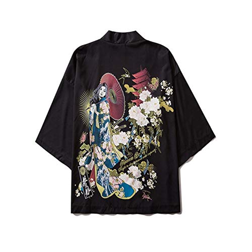 La Primavera Y El Verano Nuevo Kimono Japonés Traje De Tres Cuartos De Las Mangas De La Belleza De La Personalidad Guarnición Abierta Impresa Camisa Desabrochada-Negro Hyococ