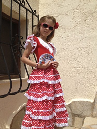 La Senorita Vestido Flamenco Español Traje de Flamenca Chica/niños Blanco Rojo (Talla 6, 110-116 - 75 cm, 5/6 años, Rojo)