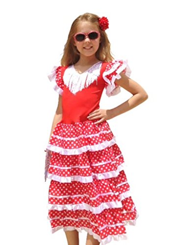 La Senorita Vestido Flamenco Español Traje de Flamenca Chica/niños Blanco Rojo (Talla 6, 110-116 - 75 cm, 5/6 años, Rojo)