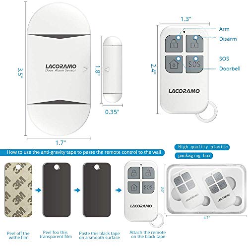 LACORAMO 130db Sensor de Alarma para Puertas y Ventanas con 2 Controles remotos, 2 baterías, Campana de Apertura de Contacto magnético inalámbrico para niños, hogar, refrigerador, Tienda (1 Paquetes)