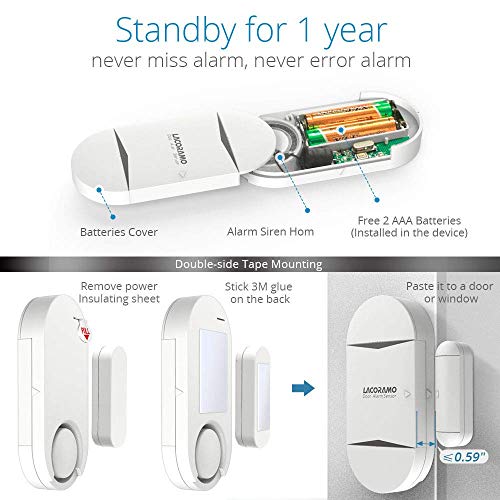 LACORAMO 130db Sensor de Alarma para Puertas y Ventanas con 2 Controles remotos, 2 baterías, Campana de Apertura de Contacto magnético inalámbrico para niños, hogar, refrigerador, Tienda (1 Paquetes)