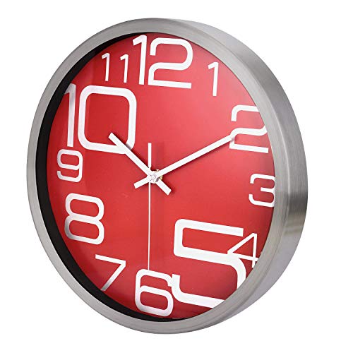 Lafocuse Reloj de Pared Silencioso Metal Moderno Reloj Cuarzo con Grandes Números Rojo para Salon Comedor Dormitorio 30 cm
