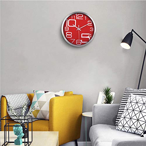 Lafocuse Reloj de Pared Silencioso Metal Moderno Reloj Cuarzo con Grandes Números Rojo para Salon Comedor Dormitorio 30 cm
