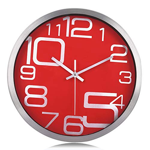 Lafocuse Reloj de Pared Silencioso Metal Moderno Reloj Cuarzo con Grandes Números Rojo para Salon Comedor Dormitorio 30 cm