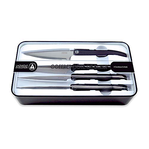 Laguiole Evolution® - Caja de costillas de ternera - 4 cuchillos de filete de acero inoxidable para rebanar - Juego especial de carne, barbacoa ideal - Mango de ABS negro