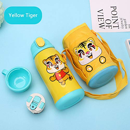 LAL6 Botella Deportiva para niños Niño niña al vacío Paja de Acero Inoxidable sin Botella de Agua BPA Aire Libre para Correr, Ligero, con Aislamiento a Prueba de Fugas Taza 580ML,Yellow Tiger