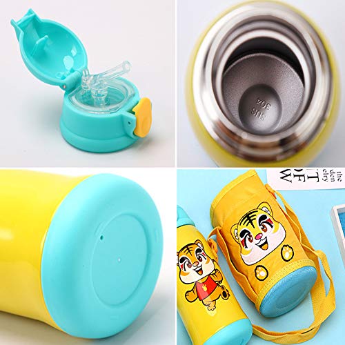 LAL6 Botella Deportiva para niños Niño niña al vacío Paja de Acero Inoxidable sin Botella de Agua BPA Aire Libre para Correr, Ligero, con Aislamiento a Prueba de Fugas Taza 580ML,Yellow Tiger