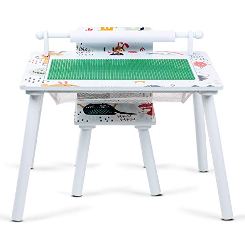Lalaloom DREAM DECOR - Mesa de juegos infantil de madera con rollo de papel (mesa multiusos con 1 silla para jugar y construir, para niños), 60x40x44 cm