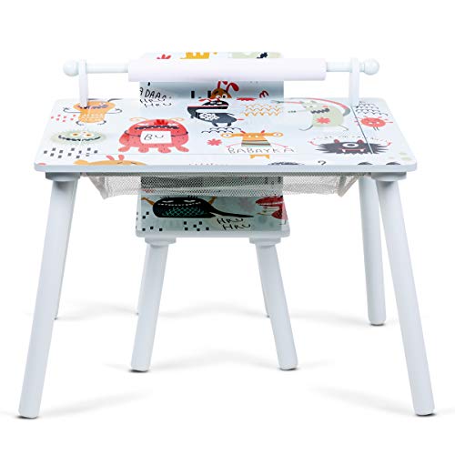 Lalaloom DREAM DECOR - Mesa de juegos infantil de madera con rollo de papel (mesa multiusos con 1 silla para jugar y construir, para niños), 60x40x44 cm