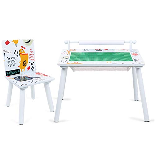 Lalaloom DREAM DECOR - Mesa de juegos infantil de madera con rollo de papel (mesa multiusos con 1 silla para jugar y construir, para niños), 60x40x44 cm