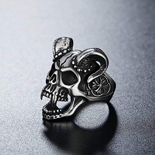 LAMUCH Men's Gothic Stainless Steel Band Rings Silver Tone Black Fangs Devil Fangs Skull Head Horn Biker Rings US Size 7-13