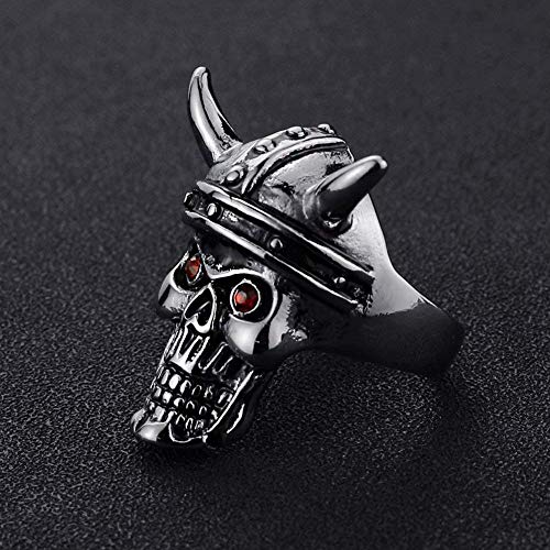 LAMUCH Men's Retro Stainless Steel Gothic Skull Biker Horn Ring with Red Eyes.