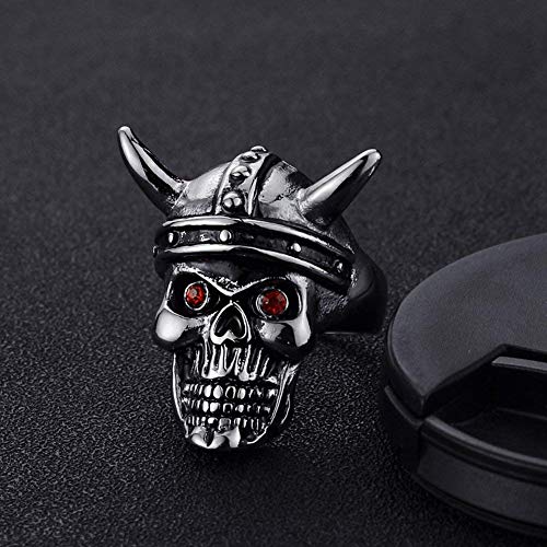 LAMUCH Men's Retro Stainless Steel Gothic Skull Biker Horn Ring with Red Eyes.
