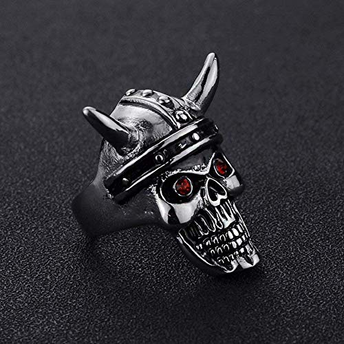 LAMUCH Men's Retro Stainless Steel Gothic Skull Biker Horn Ring with Red Eyes.