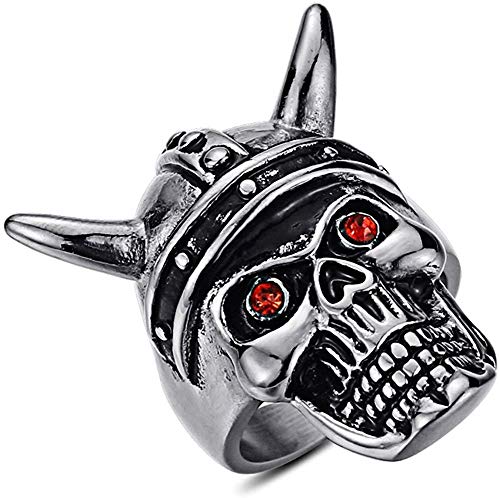 LAMUCH Men's Retro Stainless Steel Gothic Skull Biker Horn Ring with Red Eyes.