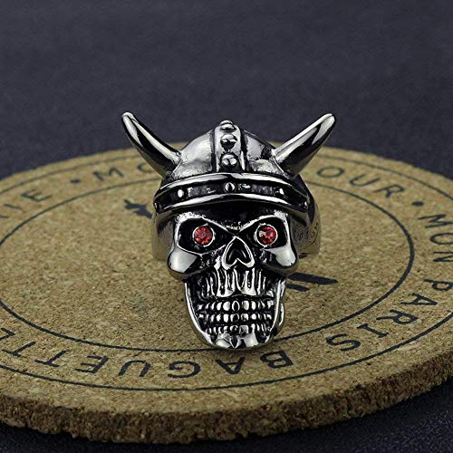LAMUCH Men's Retro Stainless Steel Gothic Skull Biker Horn Ring with Red Eyes.