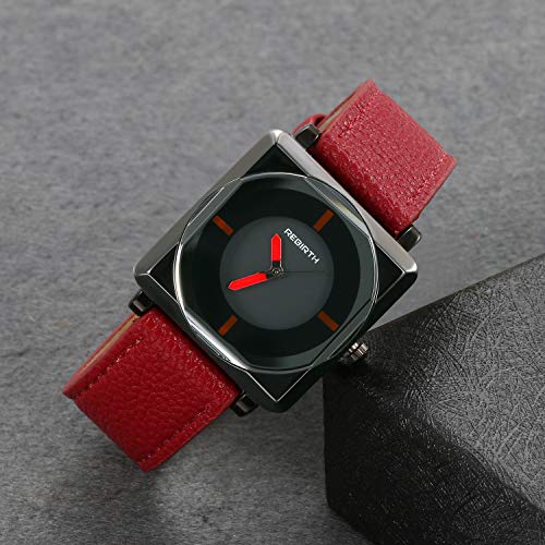 Lancardo Reloj de Correa Elegante para Mujer Reloj de Cuarzo Pulsera de Cuero Rojo Esfera Negra Cuadrada Dial Redondo Multicapas sin Número Movimiento Importado 3 ATM Impermeable Moda Diseño