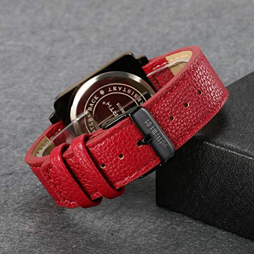 Lancardo Reloj de Correa Elegante para Mujer Reloj de Cuarzo Pulsera de Cuero Rojo Esfera Negra Cuadrada Dial Redondo Multicapas sin Número Movimiento Importado 3 ATM Impermeable Moda Diseño