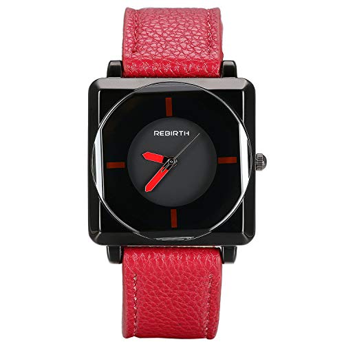 Lancardo Reloj de Correa Elegante para Mujer Reloj de Cuarzo Pulsera de Cuero Rojo Esfera Negra Cuadrada Dial Redondo Multicapas sin Número Movimiento Importado 3 ATM Impermeable Moda Diseño