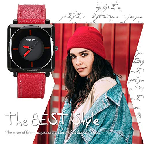 Lancardo Reloj de Correa Elegante para Mujer Reloj de Cuarzo Pulsera de Cuero Rojo Esfera Negra Cuadrada Dial Redondo Multicapas sin Número Movimiento Importado 3 ATM Impermeable Moda Diseño