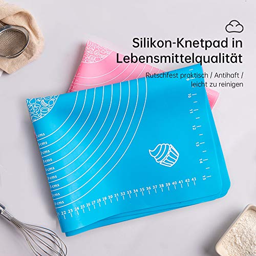 LandJoy Tapete de Silicona para Hornear,2 Esteras de Repostería con Medidas,Grande Antiadherente Baking Mat con Rasqueta Cortadora, Cepillo para Hornear y Espátula(Azul 30x40cm + Rosado 40x60cm）