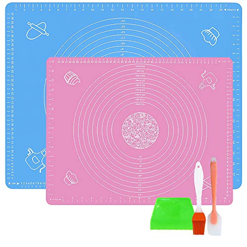 LandJoy Tapete de Silicona para Hornear,2 Esteras de Repostería con Medidas,Grande Antiadherente Baking Mat con Rasqueta Cortadora, Cepillo para Hornear y Espátula(Azul 30x40cm + Rosado 40x60cm）
