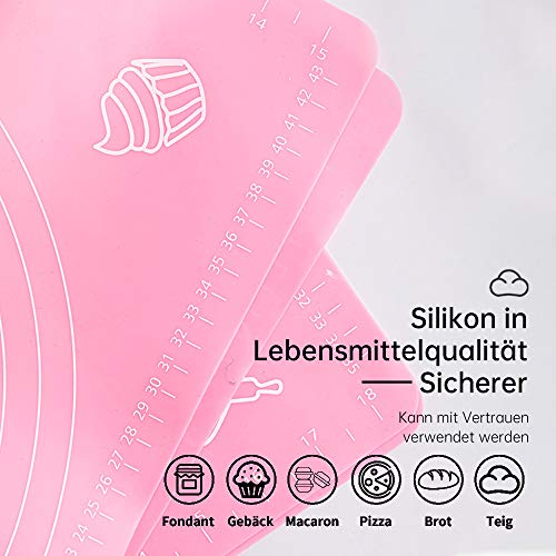 LandJoy Tapete de Silicona para Hornear,2 Esteras de Repostería con Medidas,Grande Antiadherente Baking Mat con Rasqueta Cortadora, Cepillo para Hornear y Espátula(Azul 30x40cm + Rosado 40x60cm）