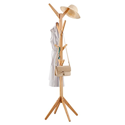LANGRIA Perchero Bambú de Pie Tipo Árbol con 8 Ganchos en 4 Niveles y Pies Sólidos para Colgar Abrigos Gorros Chaquetas Gabardinas, Color Natural de Bambú