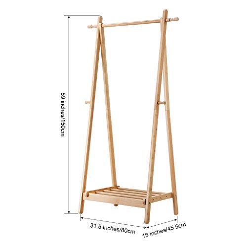 LANGRIA Perchero de Pie Plegable de Bambú con 4 Ganchos Laterales y para Secar la Ropa Estante Inferior con Espacio Extra para Zapatos Diseño Forma de A, Color Natural de Bambú