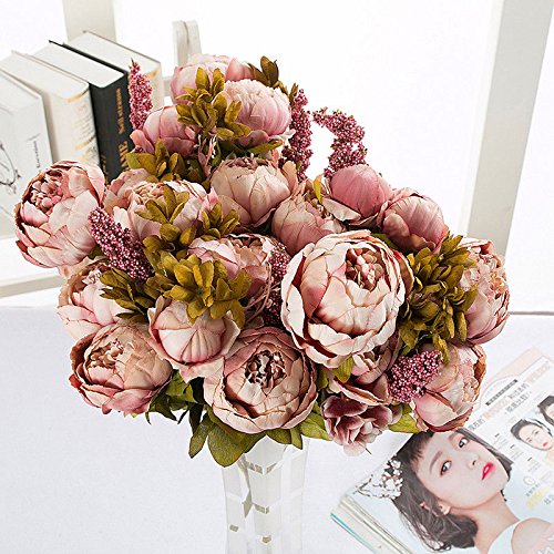 Lanyifang Ramo de Flores de Peonia Artificiales Ramo de Flores de Seda 13 Cabezas para Decoración Casa Nupcial Boda Partido Festival Bar (Champagne)