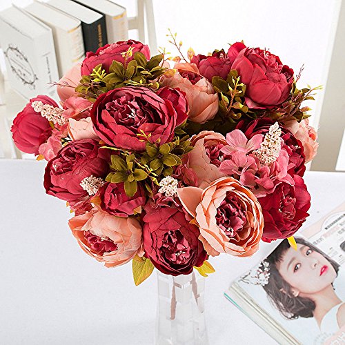 Lanyifang Ramo de Flores de Peonia Artificiales Ramo de Flores de Seda 13 Cabezas para Decoración Casa Nupcial Boda Partido Festival Bar (Champagne)