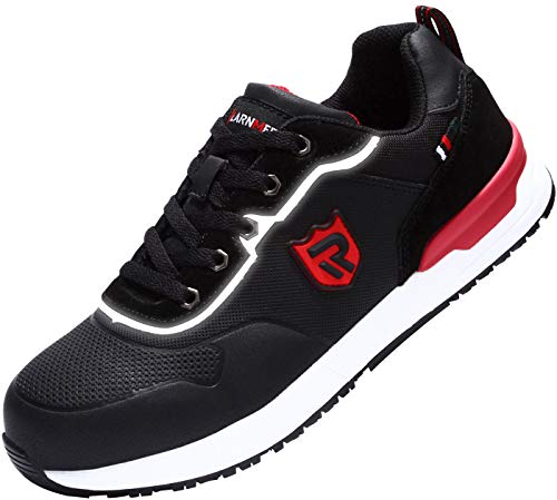 LARNMERN Zapatos Seguridad con Punta de Acero para Hombre Mujer Zapatillas Seguridad Ligeras (42.5 Rojo)