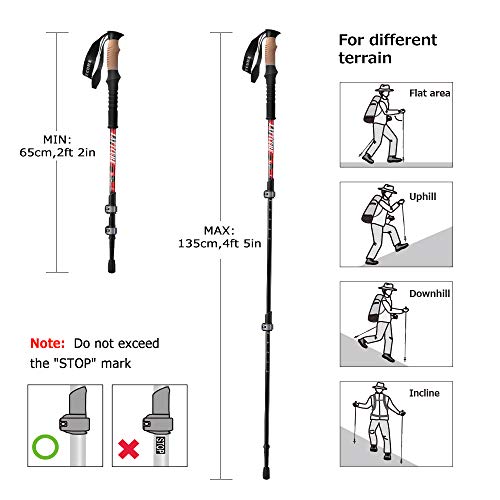 LATTCURE Bastón de Senderismo Telescópico Palo Trekking Aviation Aluminum 7075 Walking Stick Walking Nordic Senderismo con Empuñadura de Corcho Transpirable Antideslizante