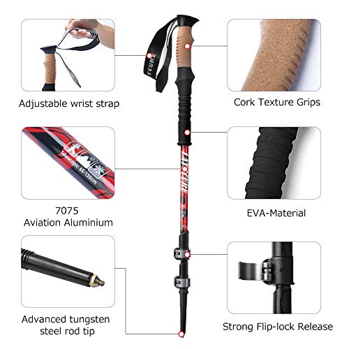 LATTCURE Bastón de Senderismo Telescópico Palo Trekking Aviation Aluminum 7075 Walking Stick Walking Nordic Senderismo con Empuñadura de Corcho Transpirable Antideslizante