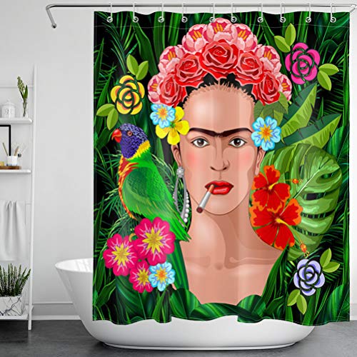 LB Bosque Tropical Cortinas de Baño 150X180CM Flores de Colores,Hoja de Palma Verde Cortina de la Ducha con Ganchos,Impermeable Antimoho Poliéster Decoración de Baño