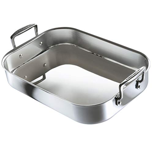 Le Creuset 3-Ply Bandeja asadora, 35 x 25 x 7 cm, acero inoxidable, rectangular, para todo tipo de fuentes de calor (incl. inducción), con asas verticales, metálico