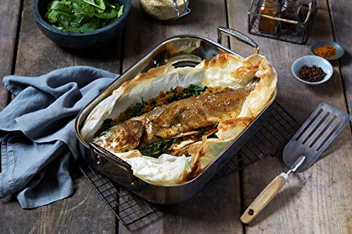 Le Creuset 3-Ply Bandeja asadora, 35 x 25 x 7 cm, acero inoxidable, rectangular, para todo tipo de fuentes de calor (incl. inducción), con asas verticales, metálico