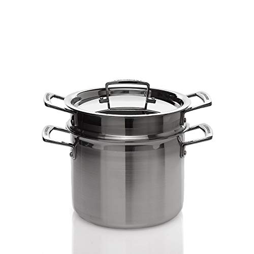 Le Creuset 3-Ply Olla para pasta con tapa y escurridor, Ø 20 cm, acero inoxidable, volumen 5,0 L, para todo tipo de fuentes de calor (incl. inducción), metálico