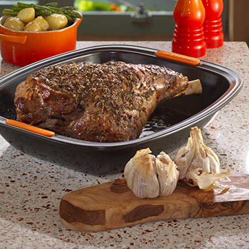 Le Creuset 941005390 Bandeja asadora Antiadherente Alta, 33 x 29 cm, Libre de PFOA, Resistente a ácidos, Revestimiento de Acero al Carbono, Gris/Naranja
