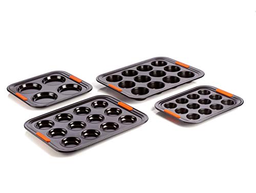 Le Creuset 941012000 Molde Antiadherente para 4 Yorkshire Puddings, Ø 10 cm, Libre de PFOA, Resistente a ácidos, Revestimiento de Acero al Carbono, Gris/Naranja