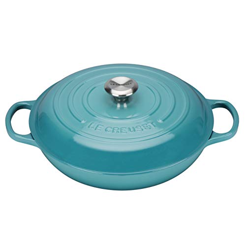 LE CREUSET Evolution Cacerola Baja Redonda, 3,2 L, para Todas Las Fuentes de Calor, Incl. inducción, Hierro Fundido, Azul (Caribe), 30 cm