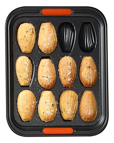 Le Creuset Molde antiadherente para 12 conchas, Libre de PFOA, Resistente a ácidos, Revestimiento de acero al carbono, Gris y Naranja