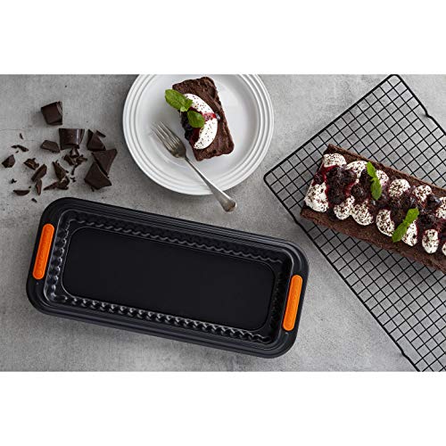 Le Creuset Molde tarta con base extraíble, Rectangular, 33 x 13 x 3 cm, Libre de PFOA, Resistente a ácidos, Revestimiento de acero al carbono, Gris y Naranja