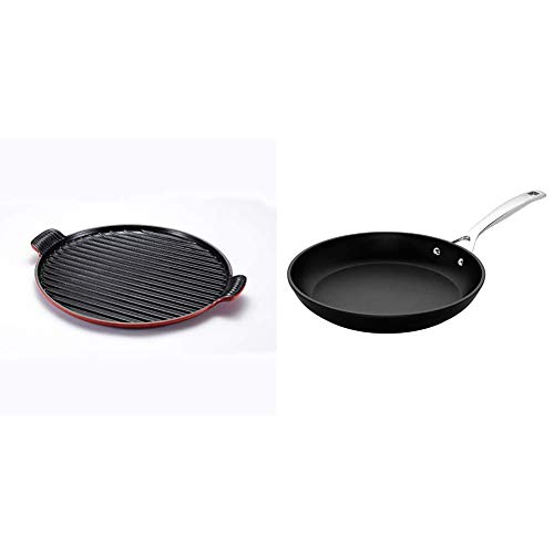 Le Creuset Parrilla de hierro fundido, Redonda, diametro 32 cm, Apto para todas las fuentes de calor + Sartén Baja de Aluminio Antiadherente, Libre de PFOA, para Todas Las Fuentes de Calor