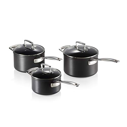 Le Creuset Set de cazos de aluminio antiadherente, 3 piezas, Ø 16, 18 y 20 cm, Libre de PFOA, Para todas las fuentes de calor, incluso la inducción, Antracita/Plateado