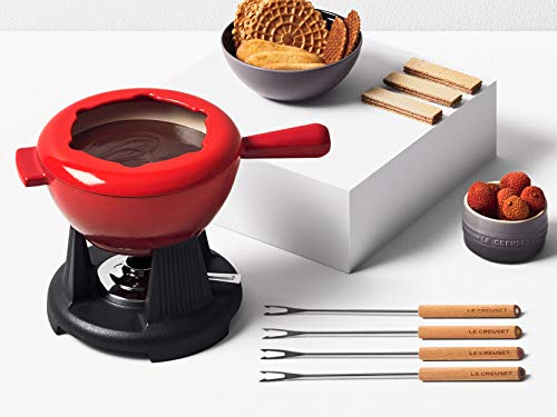 Le Creuset Set de fondue de hierro fundido, Con 2 asas, tapa antisalpicaduras, quemador y 6 tenedores para fondue, Volumen 1.6 L, Cereza