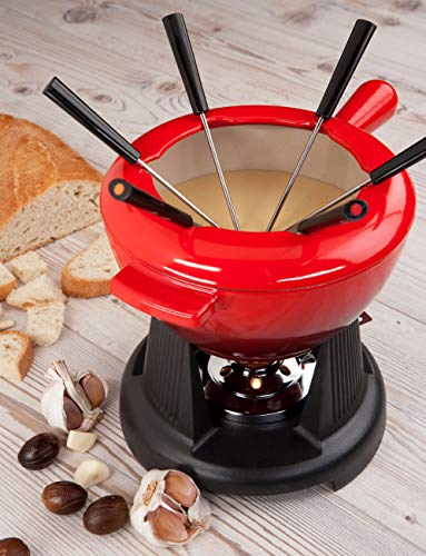 Le Creuset Set de fondue de hierro fundido, Con 2 asas, tapa antisalpicaduras, quemador y 6 tenedores para fondue, Volumen 1.6 L, Cereza
